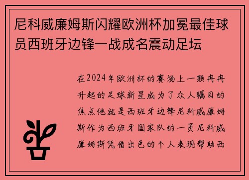 尼科威廉姆斯闪耀欧洲杯加冕最佳球员西班牙边锋一战成名震动足坛