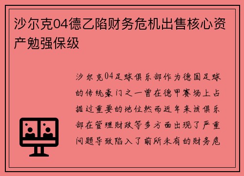 沙尔克04德乙陷财务危机出售核心资产勉强保级 沙尔克04德乙陷财务危机出售核心资产勉强保级